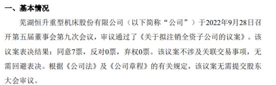恒升机IM电竞 电子竞技平台床拟注销全资子公司芜湖恒升机电产